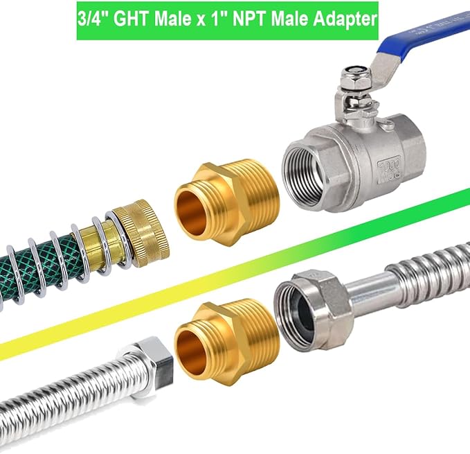 4 PCS 3/4" GHT Male x 1" NPT Male Garden Hose Adapters, Brass Garden Hose Repair Fittings, Water Hose Connector