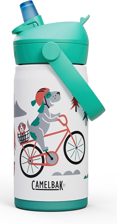 CamelBak Thrive Flip Straw Kids Bite Valve Stainless Steel Water Bottle Biking Dogs, 12oz