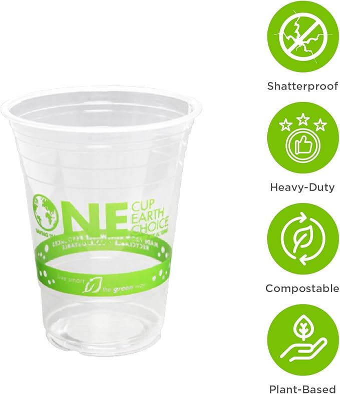Karat Earth [1,000 ct - 16 oz] Compostable PLA Plastic Cups, BPI Certified Disposable Renewable Cold Cups for Iced Coffee, Smoothies, and More | Green Line