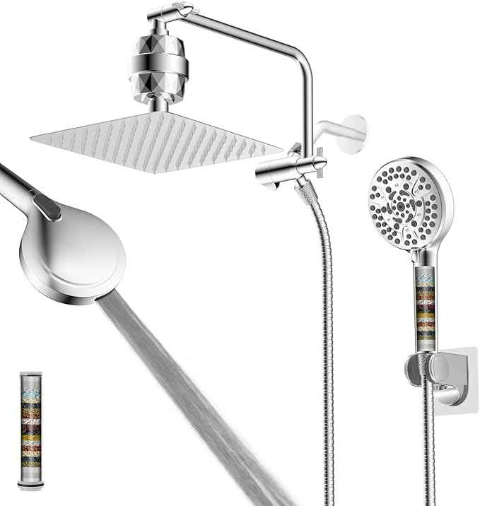 Filtered Shower Head, 10" High Pressure 10-Spray Handheld/Rainfall Shower Head Combo with 20 Stage Shower Filter, 11" Shower Extension Arm, 71" Hose, Shower Head Holder, Chrome