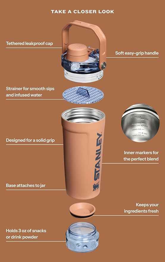 STANLEY Vitalize Shaker Bottle 20 oz | Leakproof Insulated Stainless Steel Shaker Cup | Base Storage and Twist On Fast Flow Lid | Protein Shakes and Pre Workout Powder | BPA-Free | Meadow
