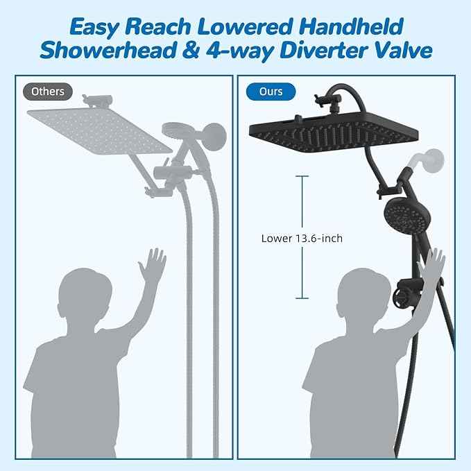 Hibbent cUPC Certified 13'' Shower Head Combo, High Pressure 5 Spray Rainfall Showerhead, 10 Spray Mode Handheld, All Metal Easy Reach 4-way Diverter Arm with Pause Mode, 71'' Hose and Holder, Black