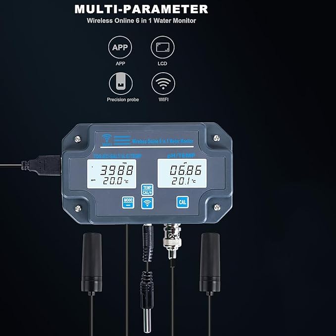 WIKINK Water Quality Tester, 6 in 1 WiFi Smart PH Meter Data Logger Temp TDS Salinity S.G. EC ORP Analyzer with Digital Display, for Hydroponics, Pools, Spa