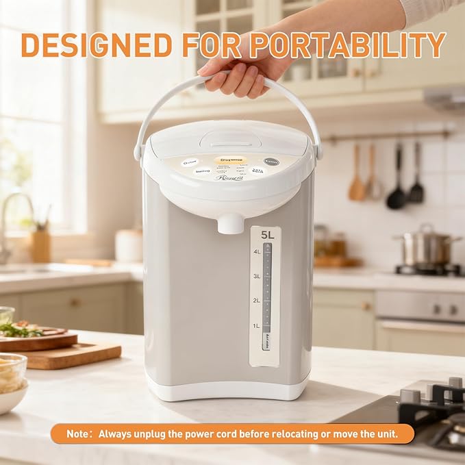 Rosewill Electric Water Boiler and Warmer - 5L/5.3 Qt Stainless Steel Hot Water Dispenser w/Rotating Base, Keep Warm Temperature Set, Auto Shut Off, Safety Lock, Instant Heating for Coffee & Tea