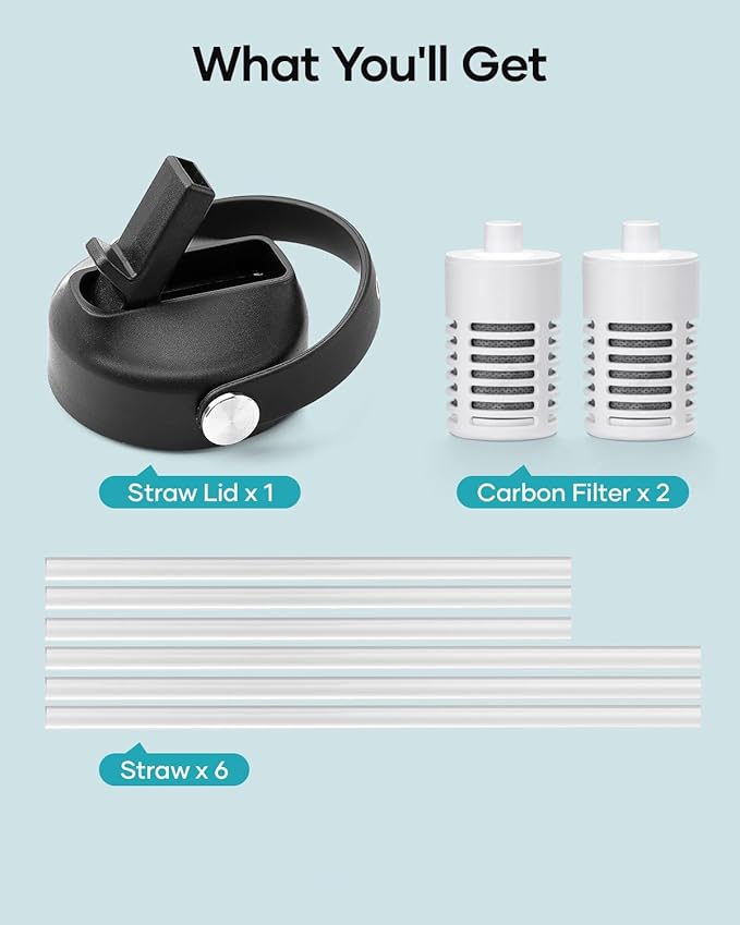 BUZIO Water Bottle Filter Replacement with Straw Lid and Straws