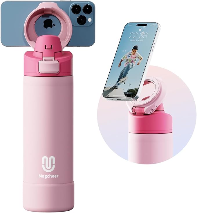 Insulated Magnetic Water Bottle - Reusable Stainless Steel Bottle with MagSafe Compatible Phone Holder - Keeps Cold for 24 Hours - Perfect for Gym, Sports, and Travel - Pink 24oz
