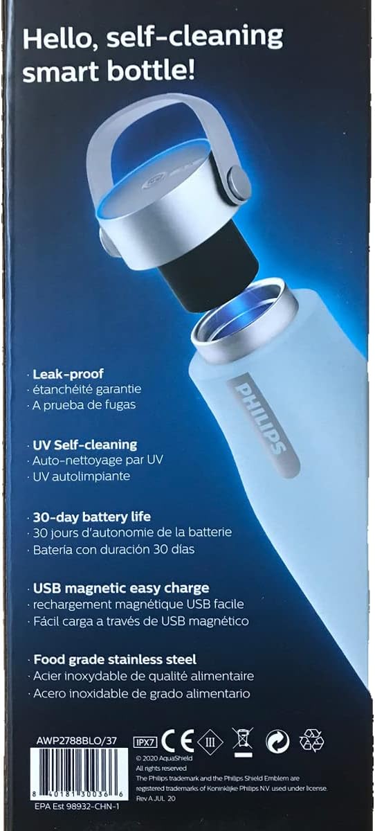 Philips Water GoZero UV Self-Cleaning Smart Water Bottle Vacuum Stainless Steel Insulated Water Bottle with Handle Double-wall, Auto Cleaning, Keep Drink Hot or Cold, BPA Free