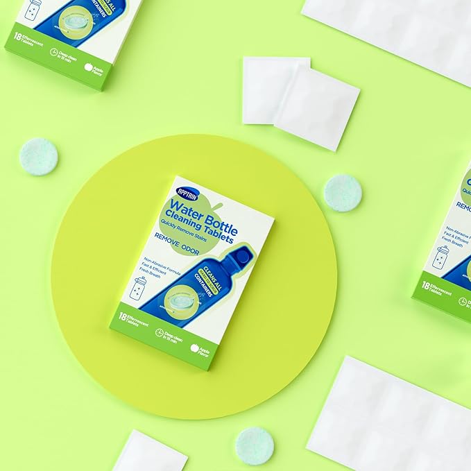 Water Bottle Cleaning Tablets, 18 Pack Bottle Clean Tablet Hydration Bladder Cleansing Tablets for Hydration Bladder, Water Bottle, Individually Packed, Apple Flavor