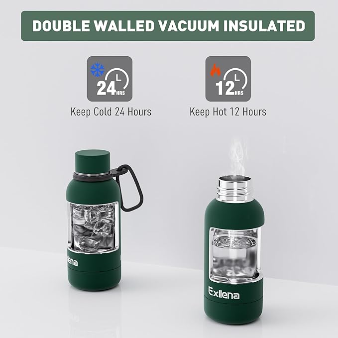 Exllena Small Water Bottle 12oz with Clip, Double Wall Stainless Steel Vacuum Small Insulated Water Bottle Keeps Drinks Cold 24 Hrs/Hot 12 Hrs for Kids Handbag School BPA Free (Emerald Green)