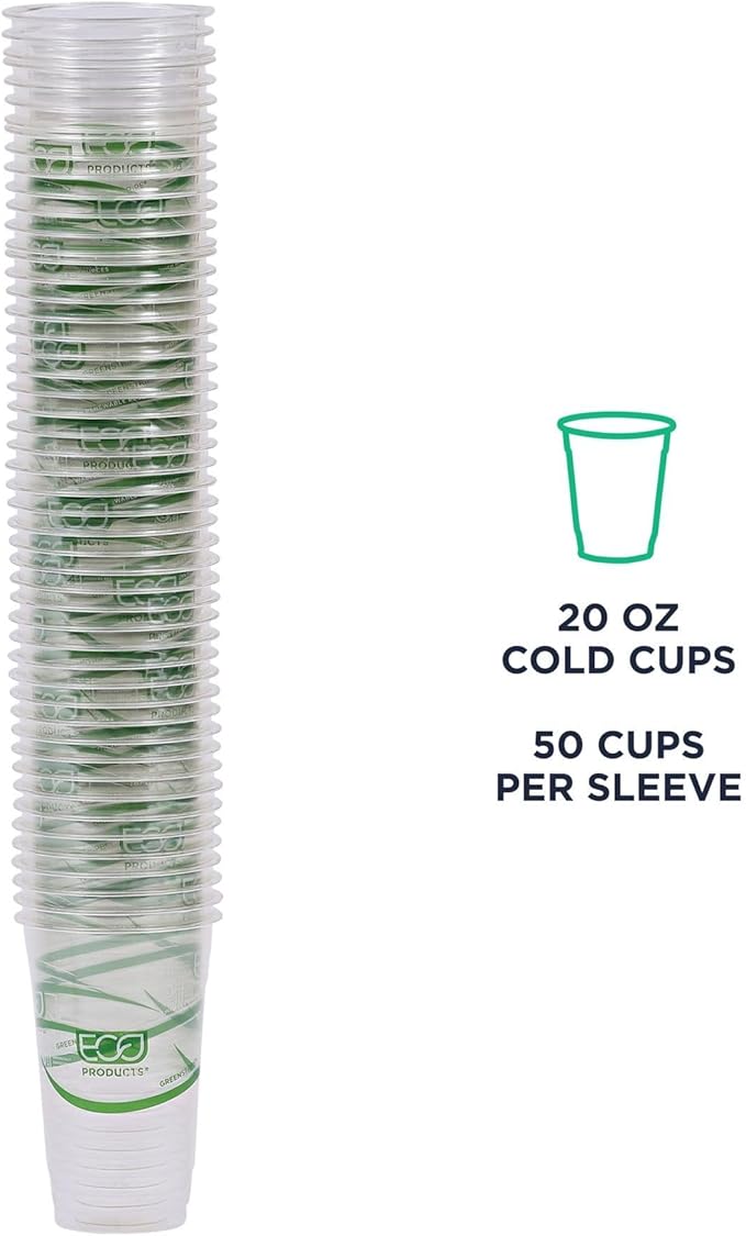 ECO PRODUCTS GreenStripe Clear Compostable 20oz PLA Large Plastic Cups, Case of 1000, Disposable Renewable Plant-Based Cold Cups, For Cold Drinks & Snacks, BPI Certified, ASTM Compliant.