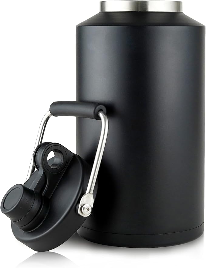 1 Gallon Water Bottle Insulated Stainless Steel Keeps Ice 48Hr, Large Water Gallon Jug Wide Mouth Leakproof Vacuum for Gym, Camping, & Construction Black