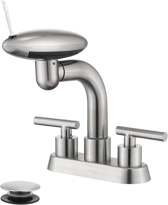 TUTEW Brushed Nickel Bathroom Sink Faucet，Modern 3 Hole Bathroom Faucet 2 Handle 4 Inch Centerset with 4 Water Outlet Modes, 360° Swivel Spout & Pop-Up Drain