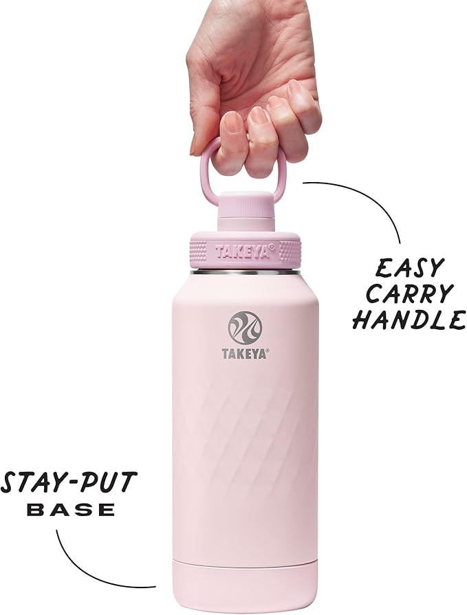 Takeya Sport 32 oz Triple-Insulated Stainless Steel Water Bottle, Spout Lid – Leakproof, Sweatproof, BPA-Free, Keeps Drinks Cold 36 Hrs, Hot 14 Hrs – Peony