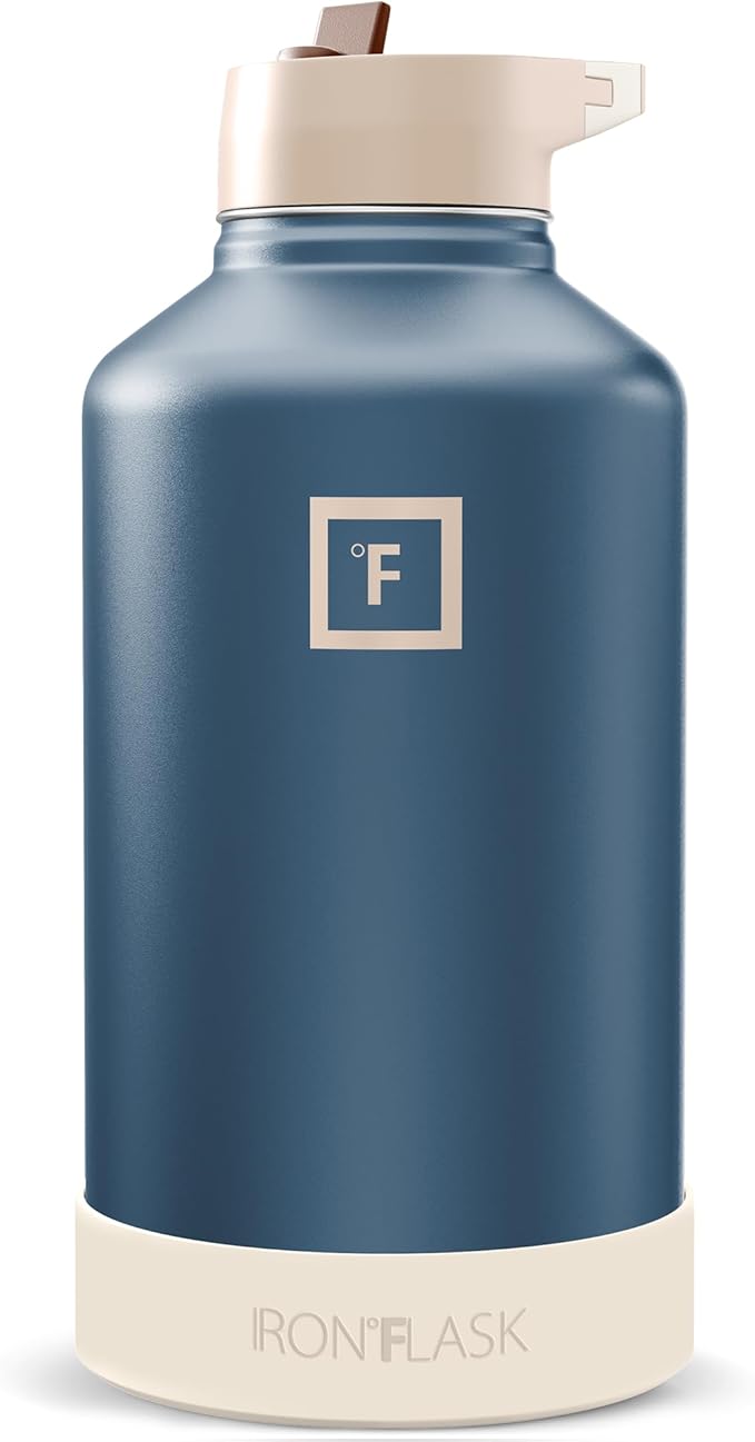 IRON °FLASK Camping & Hiking Hydration Flask with Straw, Wide Mouth Insulated Stainless Steel Sports Water Bottle - Desert Oasis 64 oz - Straw (1 Lid)
