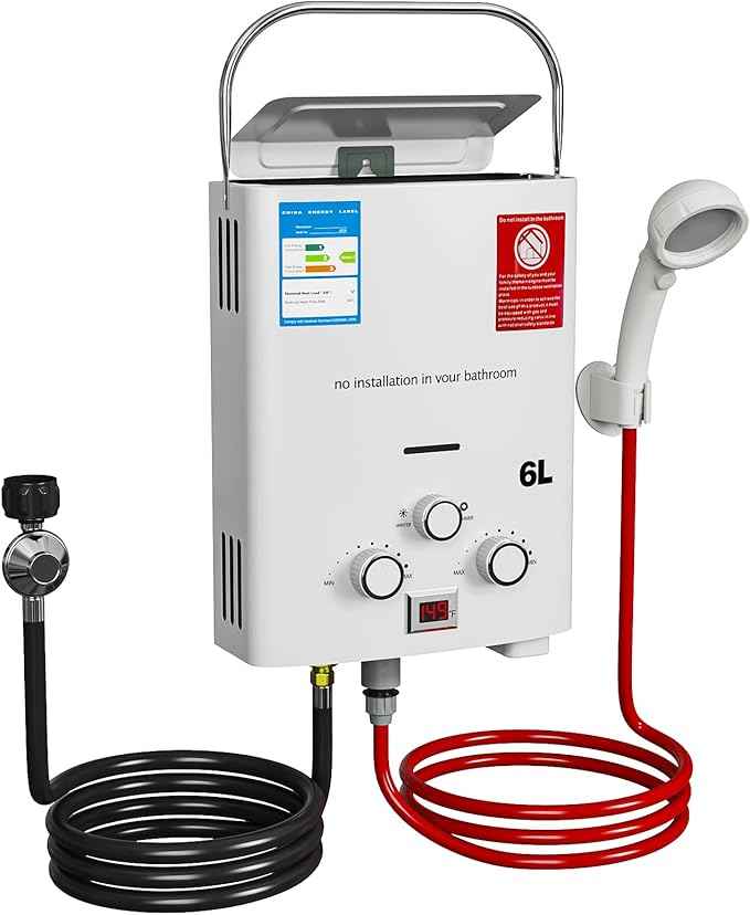 Propane Tankless Water Heater gas, 6L Portable propane shower 1.58 GPM, Outdoor Tankless Camping Water Heater for RV, Cabin, Barn, Camping, Boat, Outdoor Shower