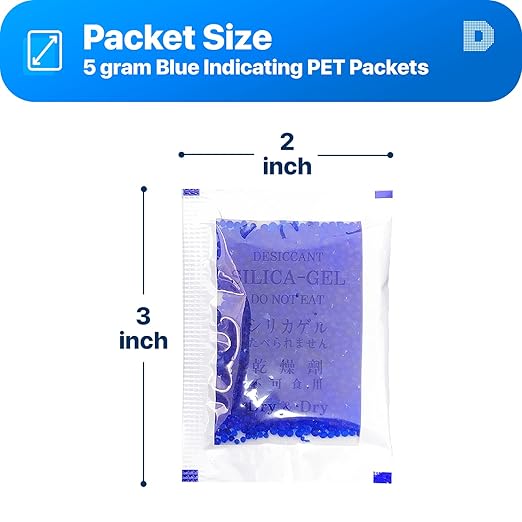Dry & Dry 5 Gram [50 Packets] Blue Indicating(Blue to Pink) Silica Gel Packets Desiccants Silica Gel Packets - Rechargeable Silica Packets, Silica Gel, Silica Gel Packs