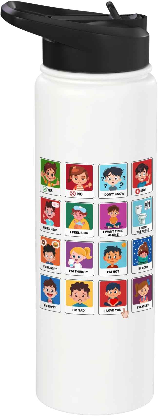 Autism Communication Cards Kids Emotions Speech Therapy AAC Stainless Steel Insulated Water Bottle