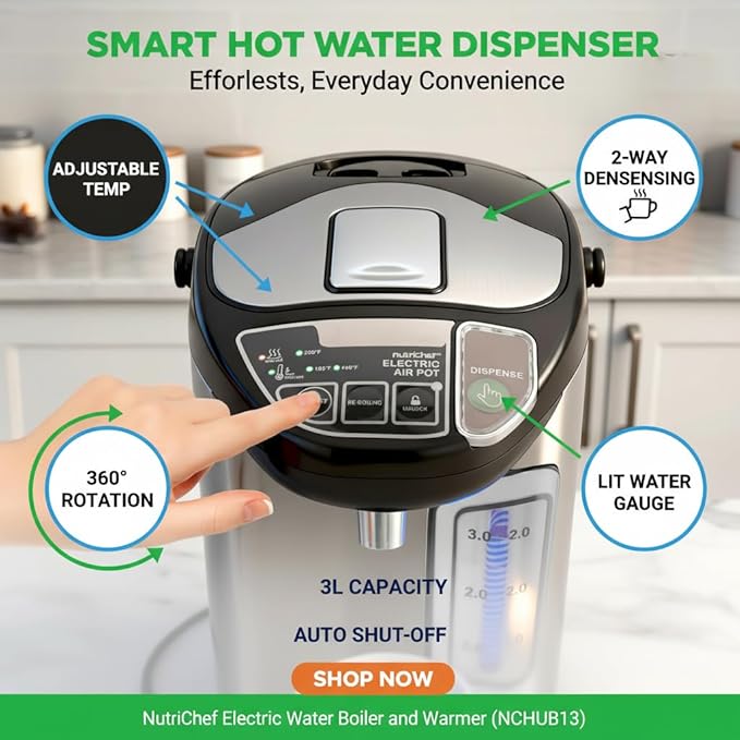 NutriChef Electric Water Boiler and Warmer - 3L/3.17 Qt Stainless Steel Electric Hot Water Dispenser w/Rotating Base, Auto Shut Off, Safety Lock, Instant Heating for Coffee & Tea (NCHUB13)