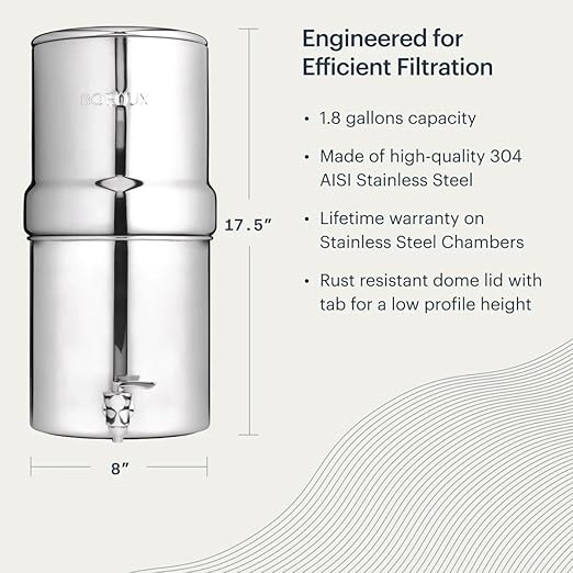 Boroux Compact Gravity-Fed Countertop Stainless Steel Water Filter System | 1.8 Gallons with 2 Authentic Black Foundation Filters