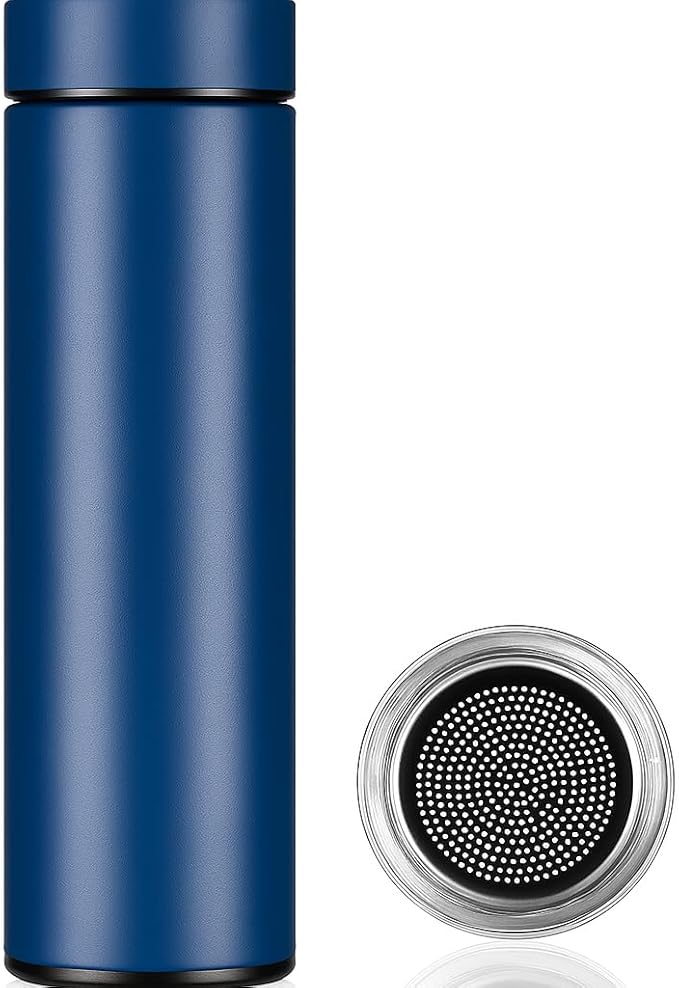 Stainless Steel Vacuum Insulated Water Bottle with Filter Lid, Slim Design (blue)