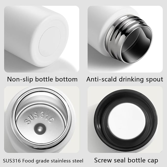 5 oz Mini Water Bottle Cute Water Bottle - Insulated Stainless Steel Bottle - Keeps Cold for 12 hours, Hot for 6 hours - White