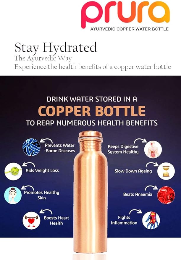 Diamond Cut Copper Water Bottle - Leak Proof Ayurvedic Drinkware Copper Vessel for Sports, Gym, Outdoors, Yoga