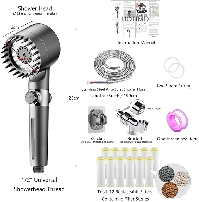 Filtered Shower Head with Handheld - High Pressure 3 Spray Modes Showerhead with Filters, 12 Replaceable Water Softener Filters for Hard Water | Ion Shower Drops Head with 75" Anti-Burst Hose