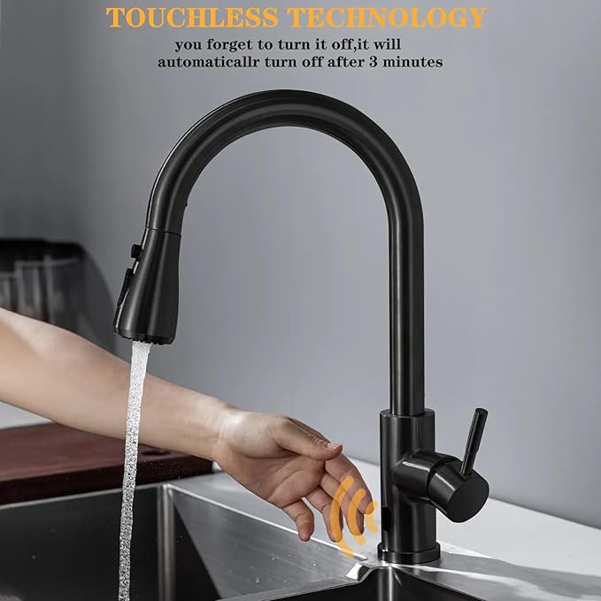 Black Touchless Infrared Sensor Kitchen Faucet with Pull Down Sprayer - Stainless Steel Single Handle Motion Sensor
