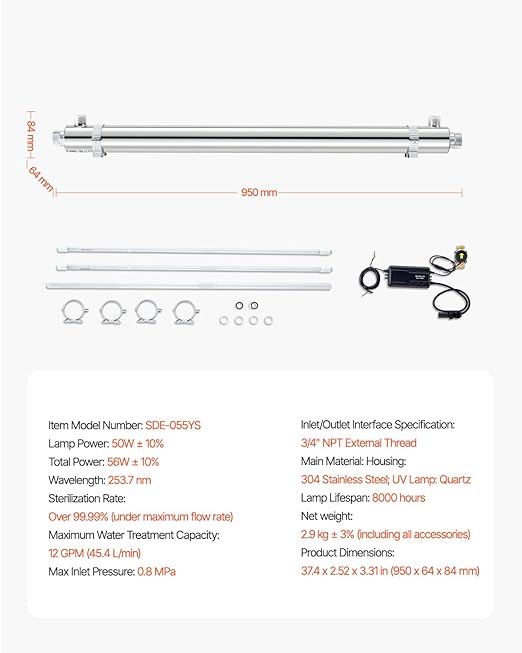 VEVOR Purifier UV Water, 55 W, 12 GPM, 110 V, Versatile Ultraviolet Water Purification Filter with Stainless Steel housing, UV Water Filter for The Whole House with Quartz Sleeve