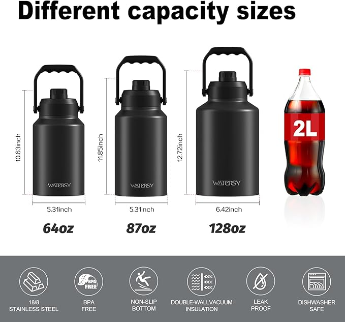 WATERSY 1 Gallon Water Bottle Insulated(Cold for 48 Hrs),BPA Free&Leak Proof,128oz Stainless Steel Water Jug,Big thermo,Large Water Bottle with Handle for Gym,Hiking,Camping&Travel,Gradient Purple