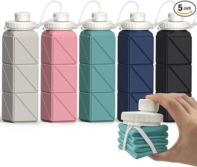 BEAUTAIL Collapsible Water Bottles 20.6oz, Silicone Foldable Portable Travel Water Bottle, BPA-Free, Leakproof Reusable for Traveling Hiking Sports, 5 Pack (Starlight+Pink+Blue+Dark Blue+Black)