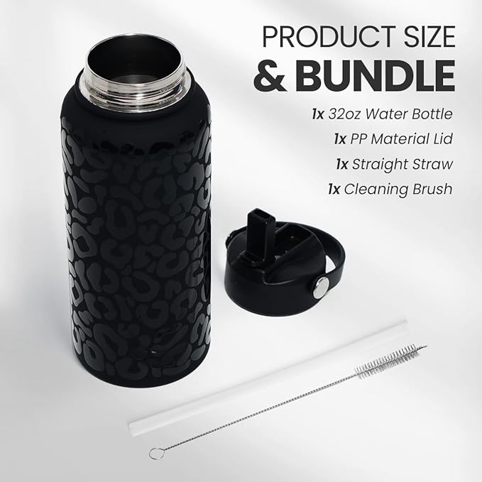 Leopard Water Bottle 32oz Stainless Steel Double Wall Vacuum Insulated with Lid, Leopard Print Water Bottles for Gym Sports Travel Outdoor, Gifts for Women Girls Ladies Birthday Christmas