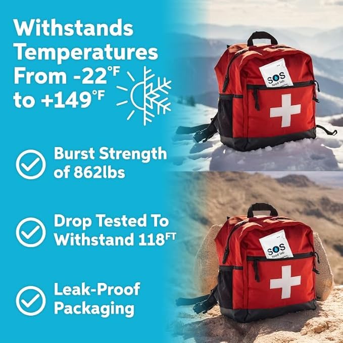 SOS Food Lab Emergency Water Pouches - 2 Gallons (62 Count, 4.2 Fl Oz Each) - Triple Purified, UV Sterilized Filtered Drinking Water for Disaster & Survival Kits - 5 Year Shelf Life, US Navy Approved
