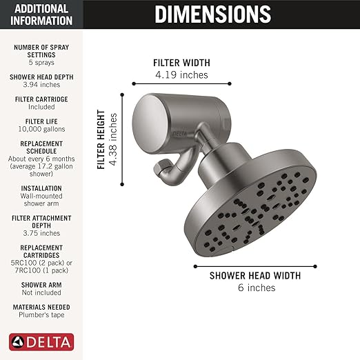 Delta Faucet 5-Setting H2Okinetic Shower Head Black Stainless with Clarifi Premium Shower Filter Attachment with Filter