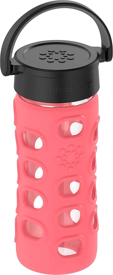 Lifefactory 12-Ounce BPA-Free Glass Water Bottle with Classic Cap and Protective Silicone Sleeve, Coral