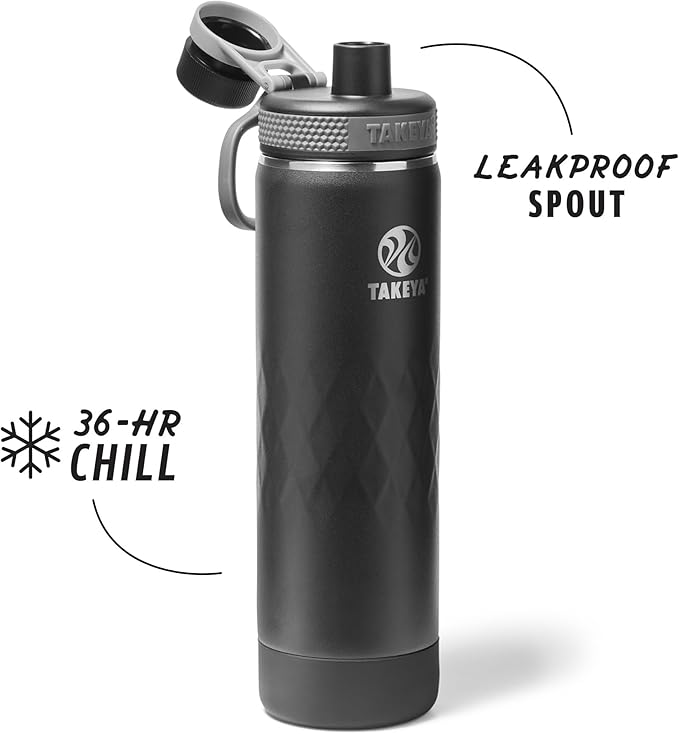 Takeya Sport 22 oz Triple-Insulated Stainless Steel Water Bottle, Spout Lid – Leakproof, Sweatproof, BPA-Free, Keeps Drinks Cold 36 Hrs, Hot 14 Hrs – Obsidian