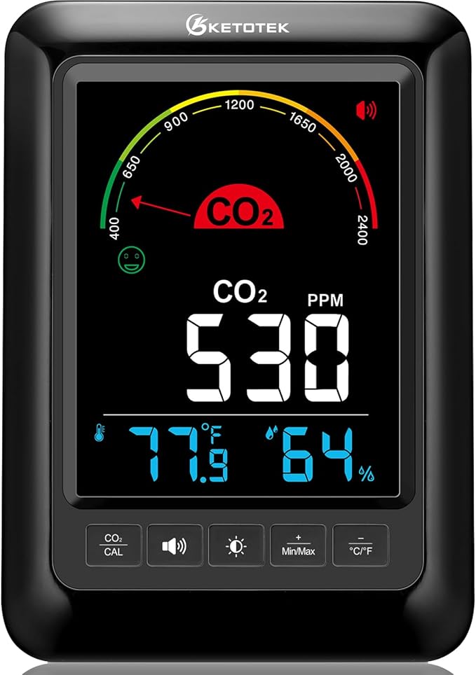 CO2 Monitor Indoor Air Quality Meters with CO2 Alarm, Temperature, Humidity Display for Home, Office or School
