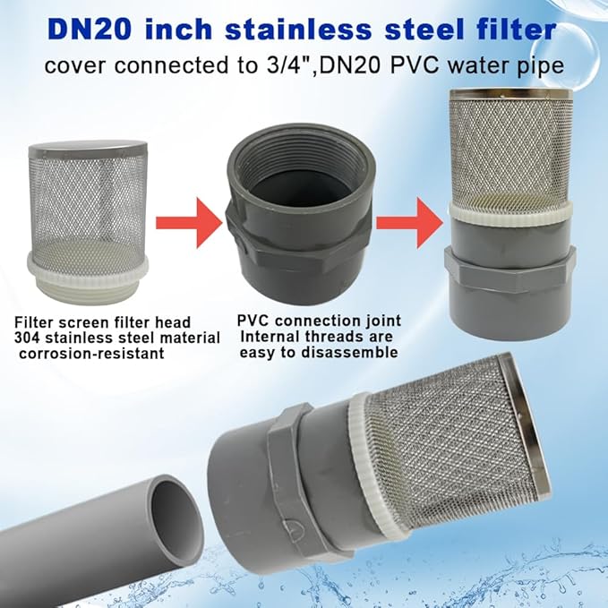 3/4" Stainless Steel Filter Cover Connected to 3/4" DN20 Grey PVC Water Pipe, Suction Strainers Used to Remove Debris and Reduce Solid Entry(1pcs)