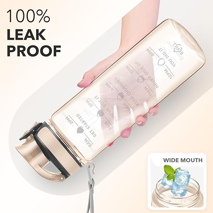 Enerbone Water Bottle, Leakproof BPA & Toxic Free, Motivational Water Bottle with Times to Drink and Straw, Fitness Sports Water Bottle with Strap for Office, Gym, Outdoor Sports