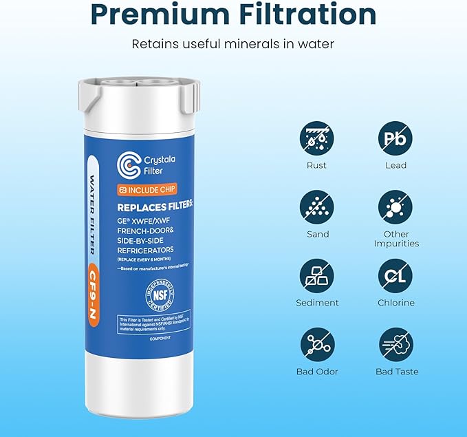 Crystala Filters Water Filter Compatible with XWFE (Built-in CHIP), Replacement for GE XWFE, XWF Refrigerator Water Filter Pack of 2