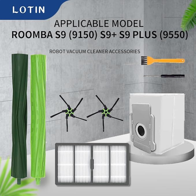 LOTIN Replacement Parts Kit Compatible with Roomba s9(9150),s9+(9550), Series Vacuum Cleaner.Pack of 2 Set of Multi-Surface Rubber Brushes,8 Side Brushes,8 Filters,10 Dust Bags,2 Tools … - AquaVibe