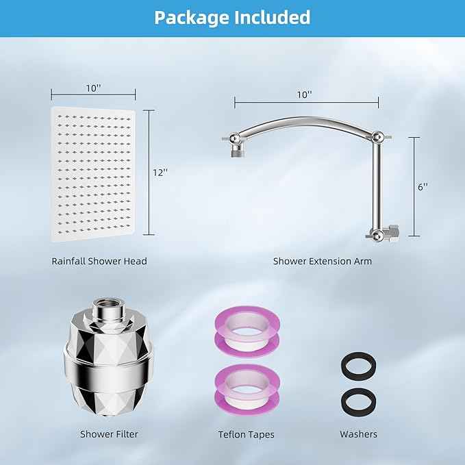 Hibbent All Metal Rain Filtered Shower Head, 12'' High Pressure Rainfall Showerhead with 16" Shower Head Extension Arm, 20 Stage Shower Filter, Solid Brass Adjustable Shower Arm Extender, Chrome