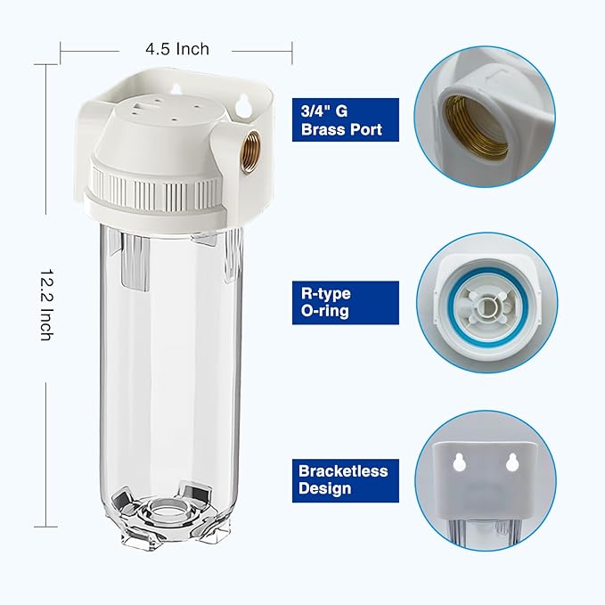 Whole House/RV Water Filter Housing Clear, 10" X 2.5" Inline Sediment Water Filter for RV, Home, Aquarium, Maple Syrup RO System, 3/4" G Brass Port, R-Type O-Ring,with PP Filter - 1025CWP