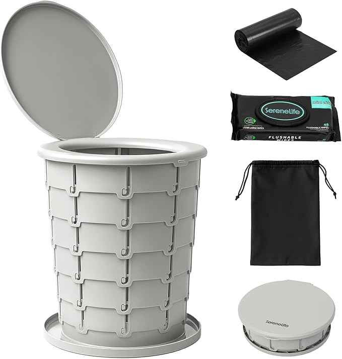 SereneLife Foldable Toilet Seat for Camping, Adjustable Height Portable Travel Potty with Lid, Carry Bag, Non-Slip Base, 331 lbs Capacity + 3-Pack Flushable Wipes, for Car, Hiking, Outdoor Use, Gray