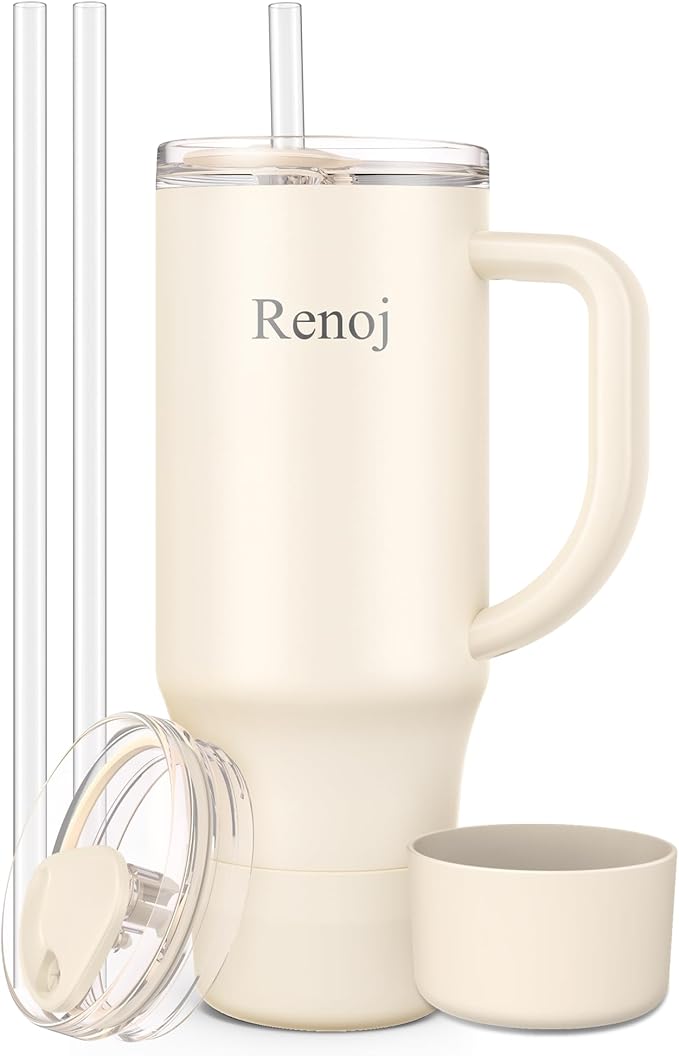 Renoj Tumbler with Handle 100% Spill Resistant Insulated Water Bottle for Iced Coffee & Hot Drinks - Fits Car Cup Holder, Ideal Gift, 2 Straws & Silicone Boot BPA-Free - FlexSlide White 40 oz