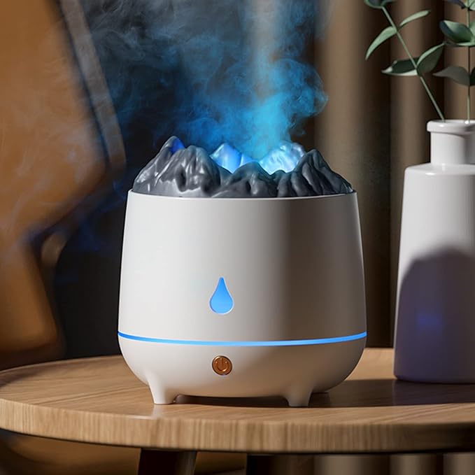 Volcano Flame Diffuser, Aromatherapy Essential Oil Diffuser, 400ml Ultrasonic Cool Mist Humidifier for Bedroom,Office,Home,Yoga, Timer & Auto Shut-Off, Colorful Ambient Night Light (White)