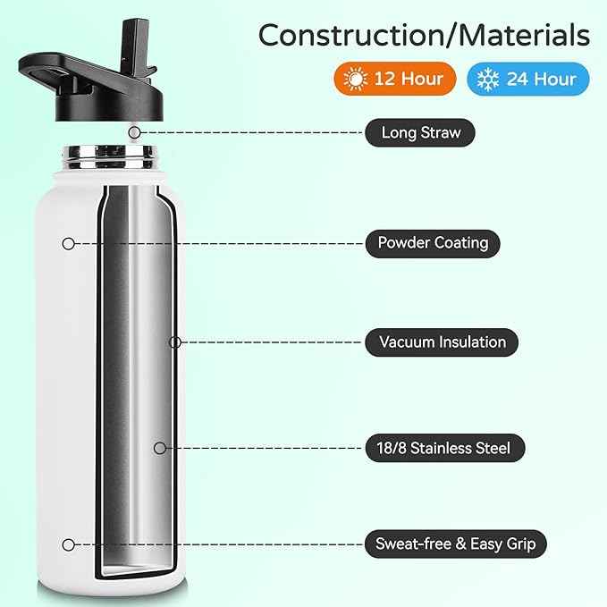 DOMICARE 40 oz Insulated Water Bottle, Vacuum Insulated Stainless Steel Sports Water Bottle with Straw Lid & Spout Lid, Leakproof, Reusable - Travel, Camping, Bike, White