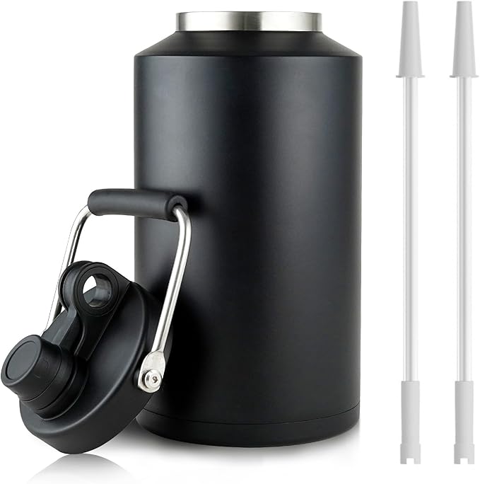1 Gallon Water Bottle Insulated with Straw Stainless Steel Keeps Ice 48Hr, Large Water Gallon Jug Wide Mouth Leakproof Vacuum for Gym, Camping, & Construction Black