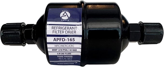 Appli Parts APFD-165 5/8 in Liquid Line Refrigerant AC Filter Drier hvac Refrigeration 165 SAE Flare connection universal unidirectional 6in long 3in wide