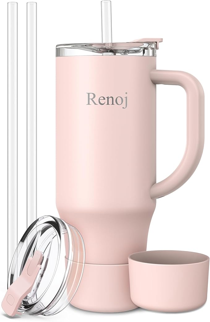Renoj Tumbler with Handle 100% Leak Proof Insulated Water Bottle for Iced Coffee & Hot Drinks - Fits Car Cup Holder, Ideal Gift, 2 Straws & Silicone Boot BPA-Free - SnapShift Light Pink 40 oz